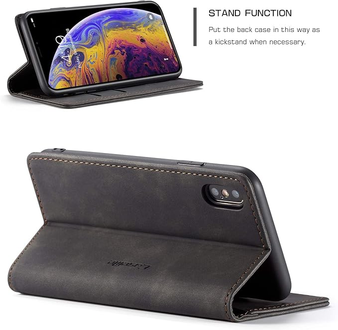 for iPhone X/iPhone Xs Case, Flip Wallet Leather Case with Card Holder Magnetic Closure Shockproof Kickstand Protective Phone Cases Cover for iPhone X, Black