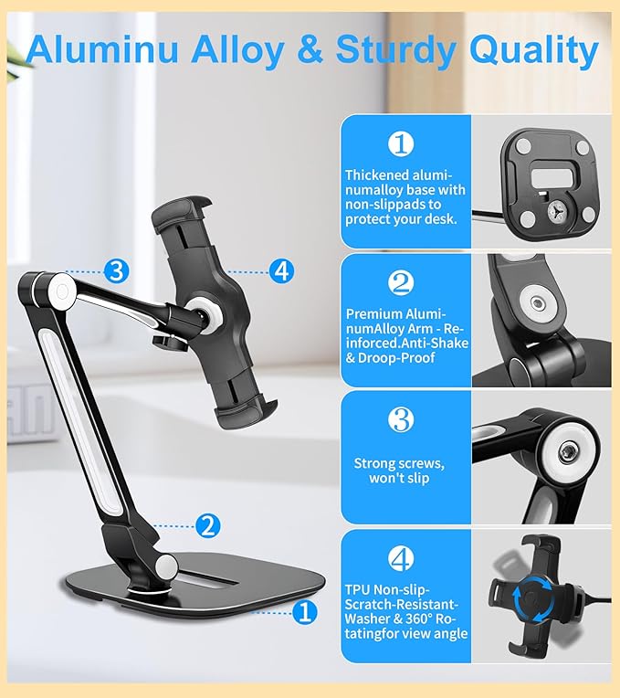 Adjustable Desk Tablet Stand, 360° Swivel iPad Kiosk Stand Fits for 4.7"-12" iPad Air mini Pro, iPhone, Samsung POS, Kindle, Aluminu Alloy Foldable Arm Holder for Store Kitchen Desktop, Black
