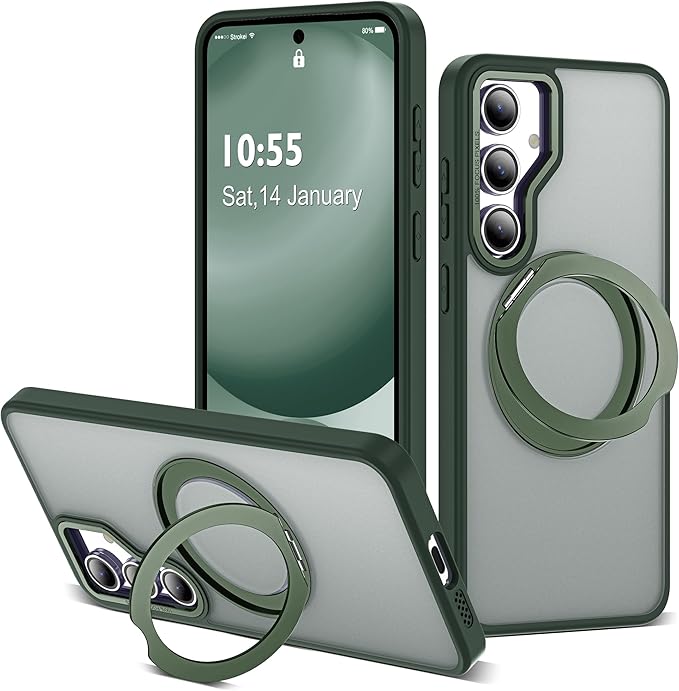 for Samsung Galaxy S24 FE Case with 360° Rotatable Magnetic Ring Stand Compatible with Mag-Safe Military Protection Shockproof Matte Translucent Phone Cases for S24 FE,Dark Green