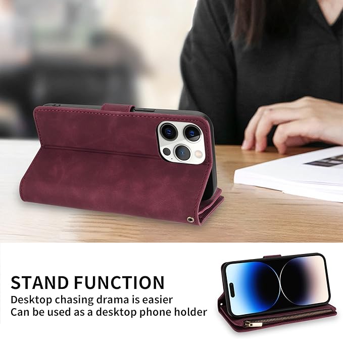 ZZXX For iPhone 14 Pro Case Wallet With [RFID Blocking] Card Slot Premium Soft PU Leather Zipper Flip Folio With Wrist Strap Kickstand Protective Cover For iPhone 14 Pro Wallet Case(Wine Red-6.1 inch)