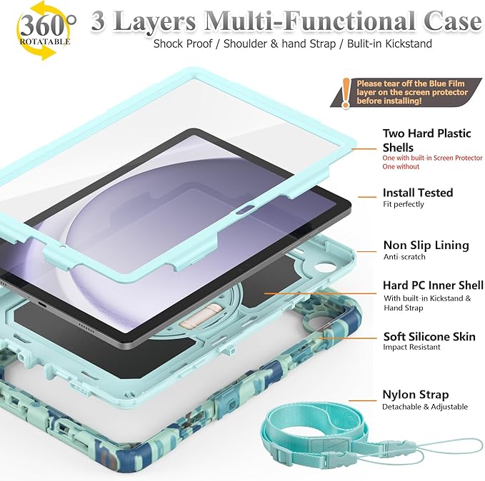 SEYMAC stock Case for Samsung Galaxy Tab A9+ Plus 11'', Full-Body Drop Protection Case with Screen Protector Pencil Holder [360° Rotating Hand Strap] &Stand, SkyBlue Camo