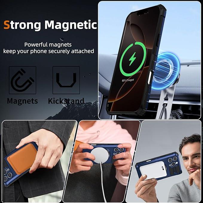 for iPhone 16 Pro Max Case Magnetic Compatible with MagSafe,with 2 Screen Protector,Built-in Camera Cover+Kickstand Ring,Military Grade Drop Shockproof Heavy Duty Protection Phone Bumper Blue