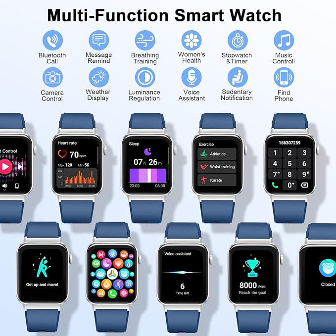 Smart Watch for Men Women (Answer/Make Calls), 1.85" HD Fitness Smartwatch 2025, 113+ Sports Modes, Heart Rate/Sleep/Spo2 Monitor, IP68 Waterproof Step Counter, Activity Tracker for Android iOS, Blue