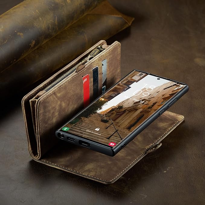 SZHAIYU 2 in 1 Detachable for Samsung Galaxy S23 Ultra Wallet Case with Card Holder, Retro Premium Flip Leather Cover Magnetic Zipper Pocket Phone Cases 6.8'' (Coffee,S23 Ultra)