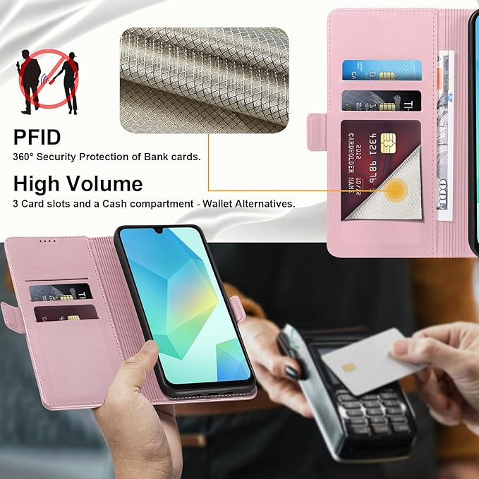 Wallet Flip Case for Samsung Galaxy A16 5G - [RFID Blocking] Luxury PU Leather Card Holder Magnetic Phone Cover with Kickstand,Shockproof Protective Case,Pink