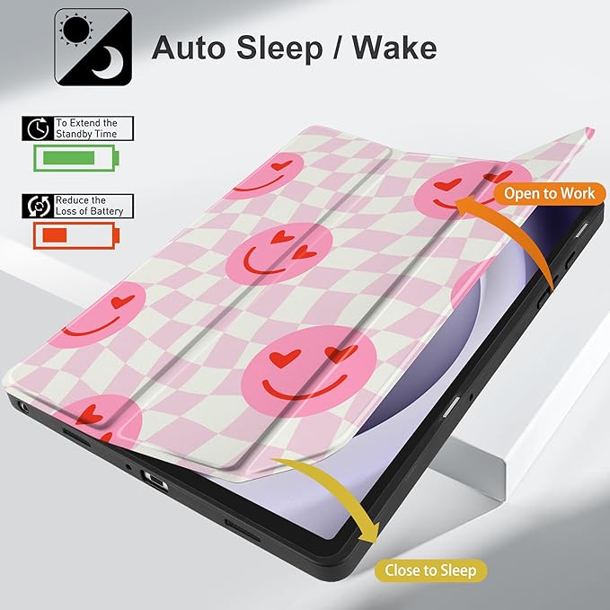 MEEgoodo Case for Samsung Galaxy Tab A9 Plus 11 inch Cover 2024 2023 with S Pen Holder,A9+ Smart Tablet Cases with Leather Trifold Stand+Soft TPU Back Shell+Smart Auto Wake/Sleep,Checkered Pink Hearts