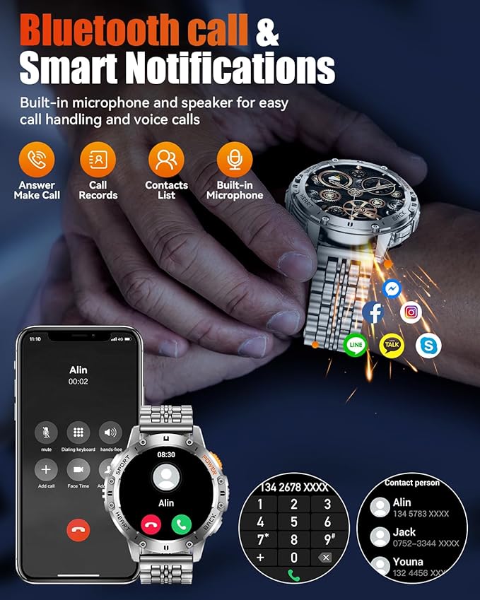 Military Smart Watches for Men with Bluetooth Call, 1.43" AMOLED Waterproof Smartwatch with Flashlight, 111 Sport Modes, 530mAh Heart Rate/SpO2/Sleep Monitor Fitness Tracker for Android iOS