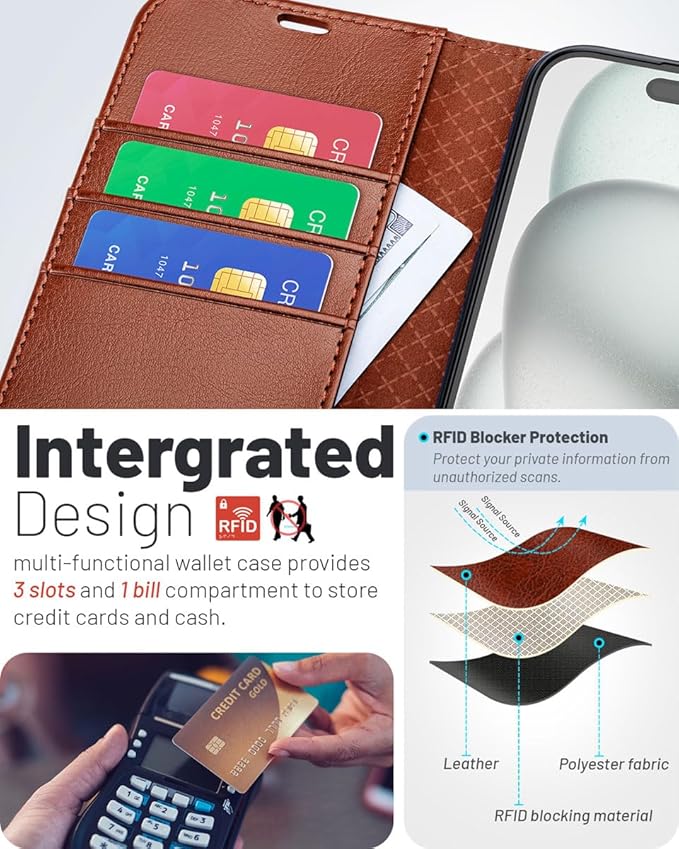 OCASE Compatible with iPhone 16 Wallet Case, PU Leather Flip Folio Case with Card Holders RFID Blocking Kickstand [Shockproof TPU Inner Shell] Phone Cover 6.1 Inch 2024, Dark Brown