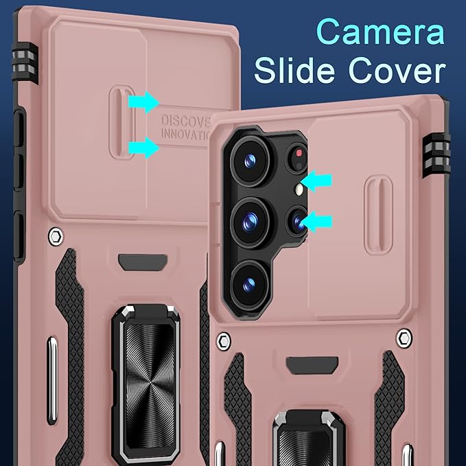 DEERLAMN Case for Samsung Galaxy S25 Ultra with Slide Camera Cover+Screen Protector (1 Pack), Rotated Ring Kickstand Military Grade Shockproof Protective Cover-Rose Gold
