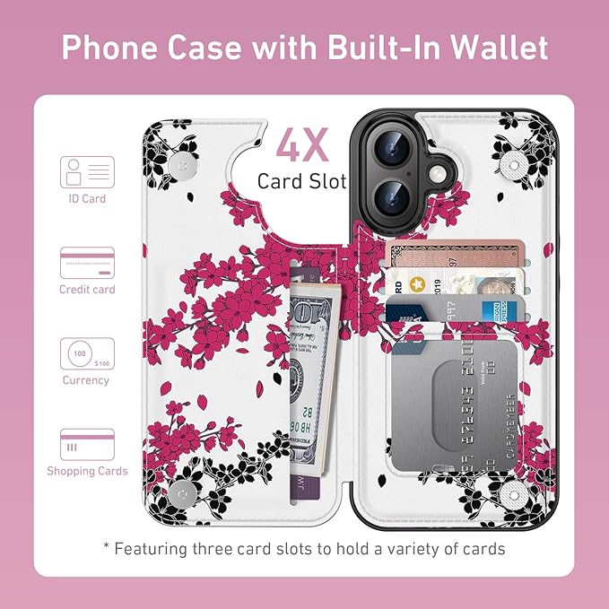 FUNMIKO for iPhone 16 Plus Wallet Case with Card Holder, RFID-Blocking, Military-Grade Protection & UV-Printed Artwork, Magnetic Closure with Leather Kickstand - Dramatic Blossom Drift