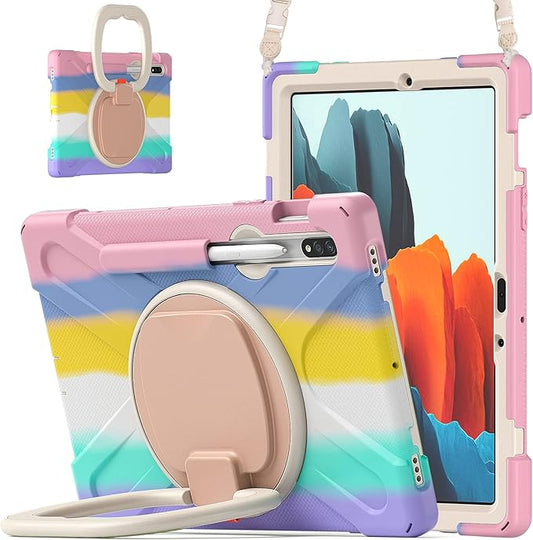 Samsung Galaxy Tab S8 11" / S7 11" 360 Rotation Case with S Pen Holder, Rugged Rotating Stand, Hand & Shoulder Strap, Outdoor Cover (Colourful Pink)