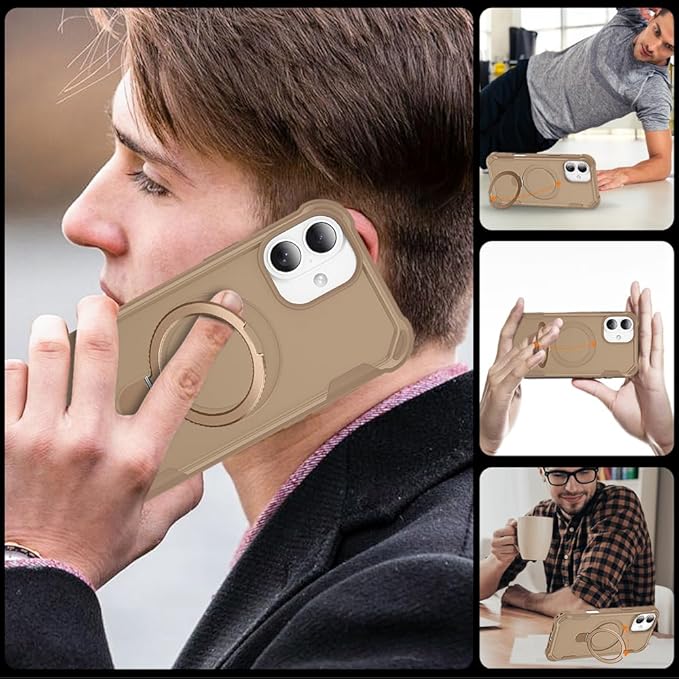 Designed for iPhone 16 Plus Case with Magnetic Stand [Military Drop Protection][Compatible with Magnet] Shockproof 16 Plus Phone Case with Ring Holder, Khaki