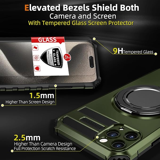 for iPhone 15 Pro Max Case Magnetic Compatible with Wireless Charging,15 ProMax Case with 2 Screen Protectors,Built-in Kickstand Ring Military Grade Drop Shockproof Heavy Duty Protection Green