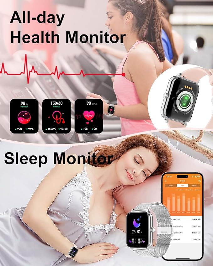 Smart Watch for Women with Bluetooth Call Answer/Dail,1.85" DIY Dial Fitness Watch with Heart Rate Sleep Monitor Step Counter 120+ Sports Modes Waterproof Women's Smart Watch for Android iOS (Silver)