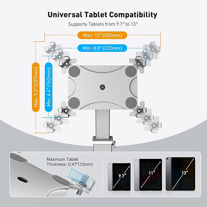 AboveTEK Anti-Theft iPad Kiosk Stand, 360 Rotation & Adj. Height 8.3"–13.4", Heavy-Duty Steel & Aluminum, Fits 9.7"-13" Tablets, Security Retail POS Tablet Stand for Business & Commercial Use (Silver)
