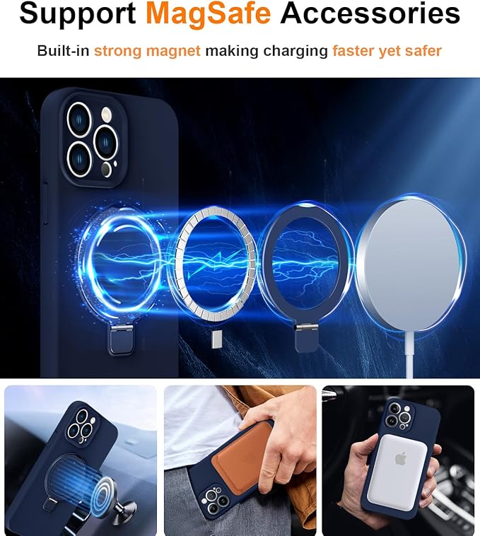 ZHK Liquid Silicone Designed for iPhone 15 pro max Case with Magnet Stand, [Precise Camera Lens Protection][Mil-Grade Drop Shockproof][Soft Anti-Scratch Microfiber Lining] Slim Fit Cover, Navy Blue