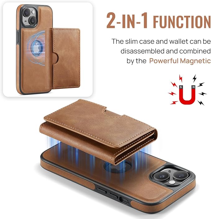 Asuwish Phone Case for iPhone 14 6.1 inch Wallet Magnetic Detachable Cell Cover with Wireless Charging and RFID Blocking Credit Card Holder Flip Stand iPhone14 5G i i-Phone i14 14Case Women Men Brown