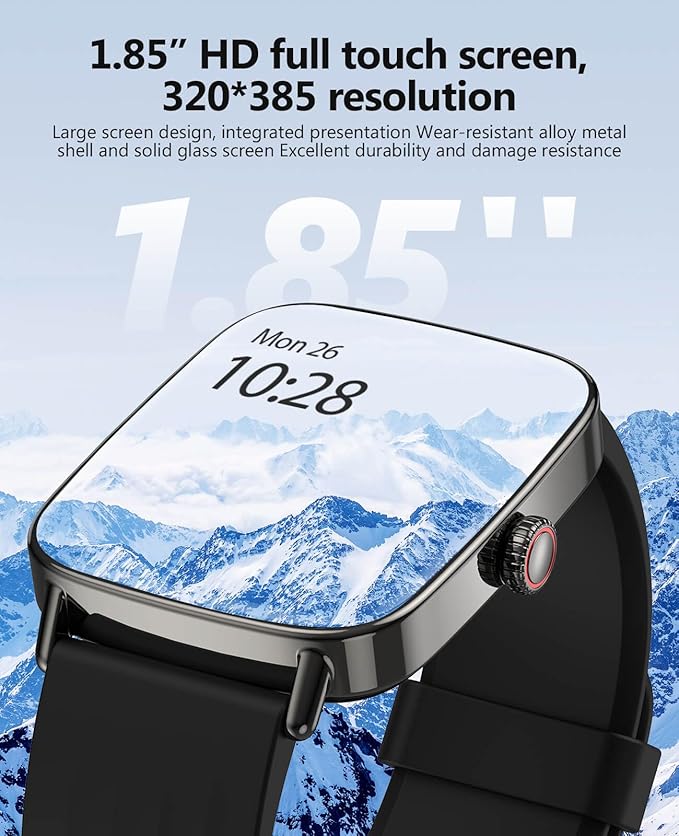 AI Voice-Controlled Smart Watches with 1.85" Screen - IP68 Waterproof, 24/7 Heart Rate Monitoring, Stress/Sleep/SpO2 Tracker, 100+ Sports Modes, Weather, Compatible with Android & iOS, Black