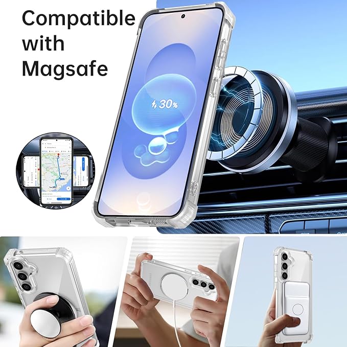 Magnetic for Samsung Galaxy S25 Case Compatible with MagSafe Wireless Charging,with Screen Protector,S25 Phone Case Built-in 360° Kickstand Ring,Shockproof Military Grade Drop Protection Clear