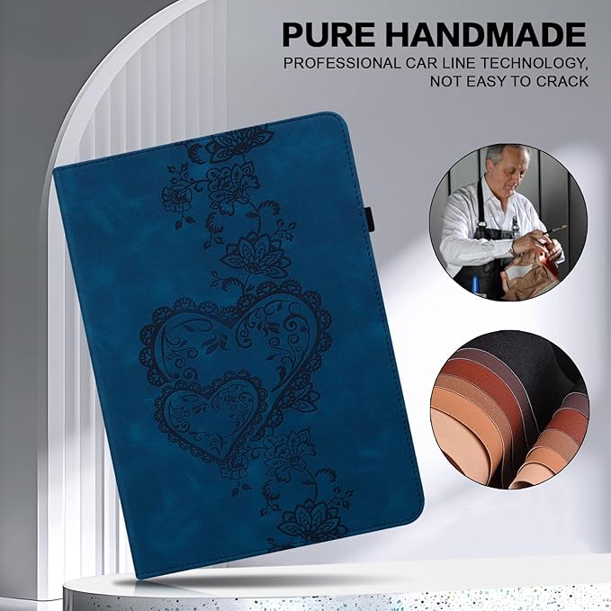 Case for Lenovo Idea Tab Pro 12.7 Inch 2025, Embossed Heart PU Leather Protective Tablet Case with Elastic Band & Card Slots/Holder, Multi-Angle Viewing Stand Cover ，Dark Blue