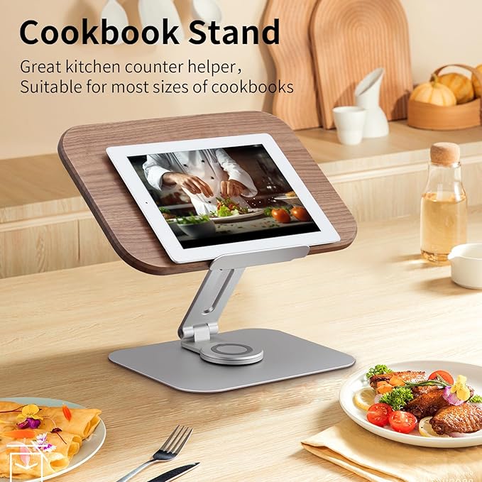Book Stand for Reading, Mayhas Adjustable Book Holder with 360° Swivel Base&Page Clips, Foldable Desktop Stand for Cookbook, Fits All Books (Walnut, Aluminum Base)