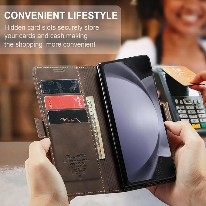 for Samsung Galaxy Z Fold5 Case, Flip Wallet Leather Case with Card Holder Magnetic Closure Shockproof Kickstand Protective Phone Cases Cover for Samsung Galaxy Z Fold5,Coffee