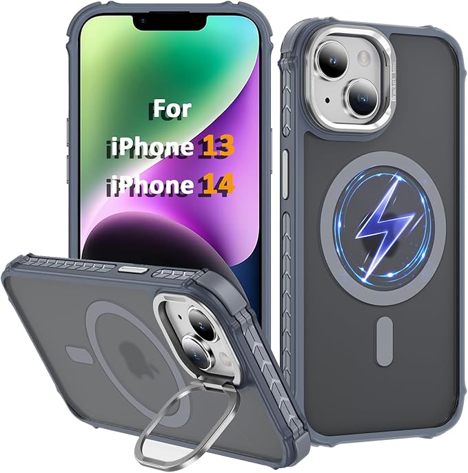 Magnetic for iPhone 14 Case/iPhone 13 Case Gray with MagSafe Wireless Charging Military-Grade Shockproof Protection Adjustable Kickstand Slim Matte Anti-Fingerprint Cover Men Women