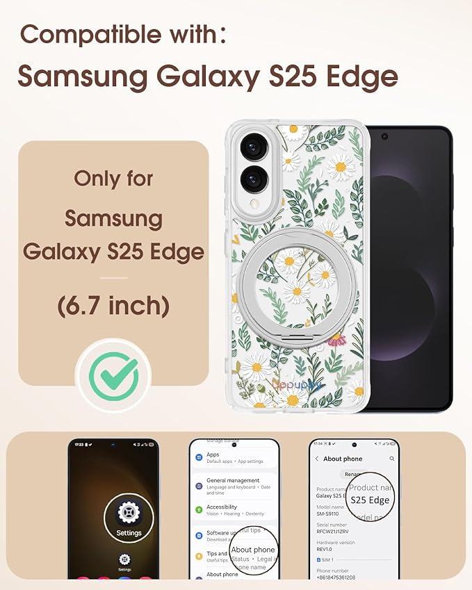 for Samsung Galaxy S25 Edge Case with 360° Rotatable Magnetic Ring - Compatible with MagSafe, Semi-Transparent Soft-Touch Material Shockproof, Cute Daisy Flower Design for Women Girl