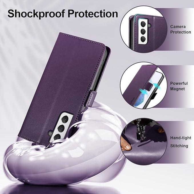 Wallet Flip Case for Samsung Galaxy S21 5G - [RFID Blocking] Luxury PU Leather Card Holder Magnetic Phone Cover with Kickstand,Shockproof Protective Case,Purple