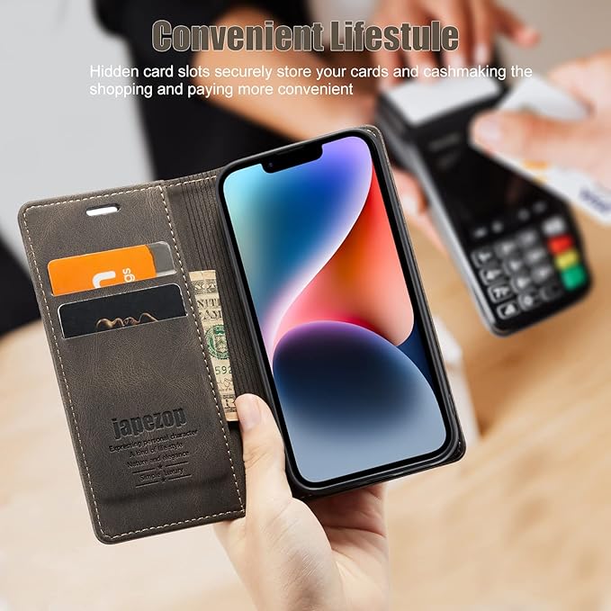 japezop iPhone 14 Case, iPhone 14 Wallet Case with [RFID Blocking] Card Holder Kickstand Magnetic,Leather Flip Case Wallet for iPhone 14 5G 6.1 Inch (Coffee)