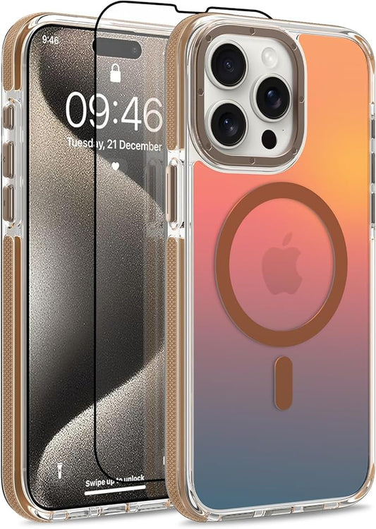 MOWIME Magnetic Case for iPhone 15 Pro Max [Compatible with Magsafe] [Cute Fashion Fluorescent Design] [1 Screen Protector] Slim Translucent Matte Case for iPhone 15 Pro Max 6.7" 2023, Desert