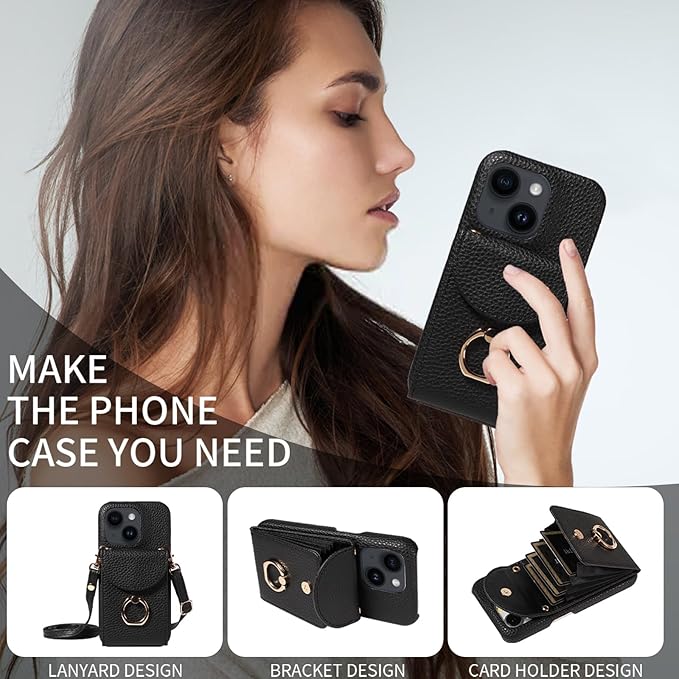 for iPhone 14 6.1 inch Organ Wallet Case with Tempered Glass Screen Ring Buckle Shoulder Strap PU Leather Flip Purse Card Holder Stand Phone Cover for iPhone14 5G i i-Phone i14 14Case Black