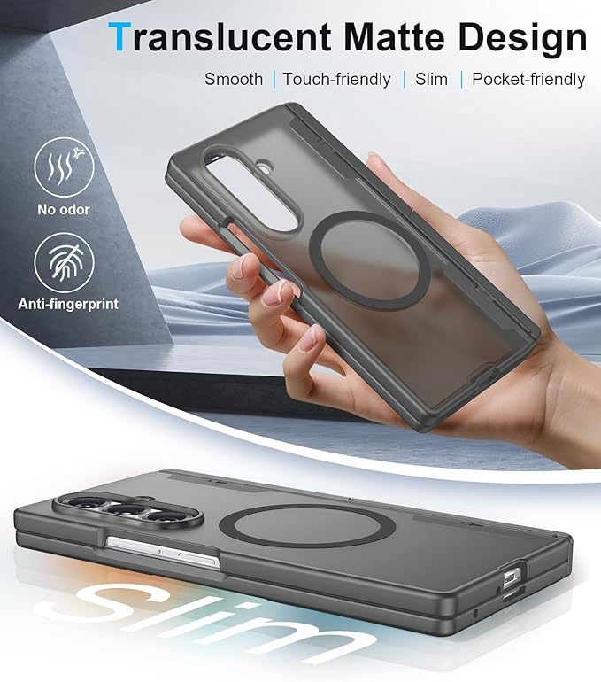 Temdan Magnetic for Samsung Galaxy Z Fold 7 Case,[Compatible with MagSafe][Built-in HD Screen Protector&Invisible Kickstand][Hinge Protection]Translucent Matte Shockproof Phone Case for Z Fold 7,Gray