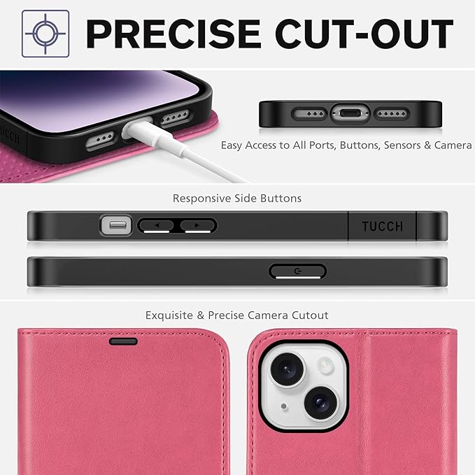 TUCCH Wallet Case for iPhone 14 6.1", Flip PU Leather Magnetic Protective Cover with [RFID Blocking] [4 Card Slots] Stand [TPU Interior Case] Compatible with iPhone 14 6.1, Hot Pink