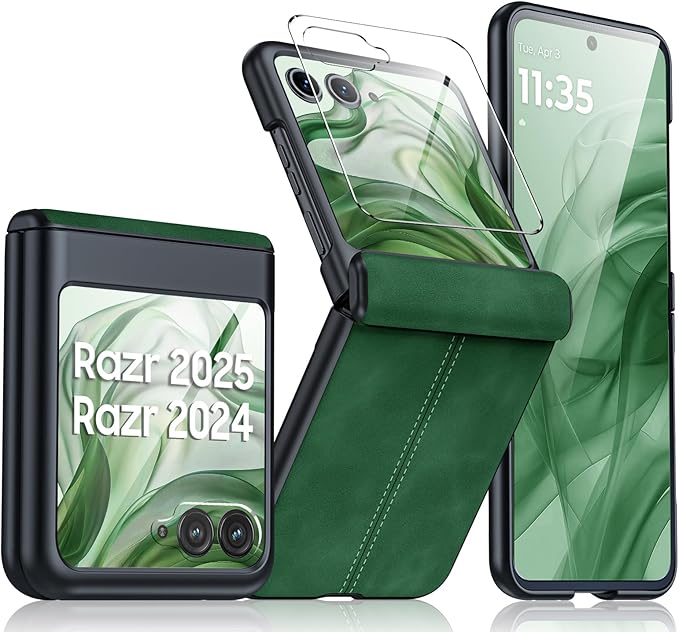for Motorola Razr 2024 Case/Razr 2025 Case, Built-in Screen Protector & Hinge Protection & Ultra Thin PU Leather Matte PC Shockproof Phone Cover Smartphone Case for Moto Razr 2024/2025(Green)