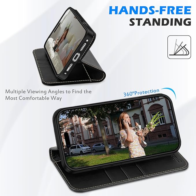 SHIELDON Genuine Leather Case Wallet for iPhone 17 6.3-inch 5G 2025 | Folio, Magnetic Closure, RFID Blocking 3 Card Slots, Kickstand, Book Design, Full Protective Cover - Retro Black