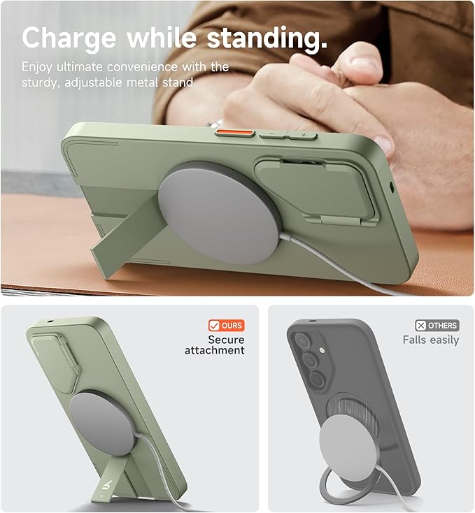 SURITCH for Samsung Galaxy S25 Phone Case, Magnetic Shockproof Bumper Case Slim Protective Cover with Camera Cover & Adjustable Metal Kickstand for Galaxy S25 (2025)-Sage Green