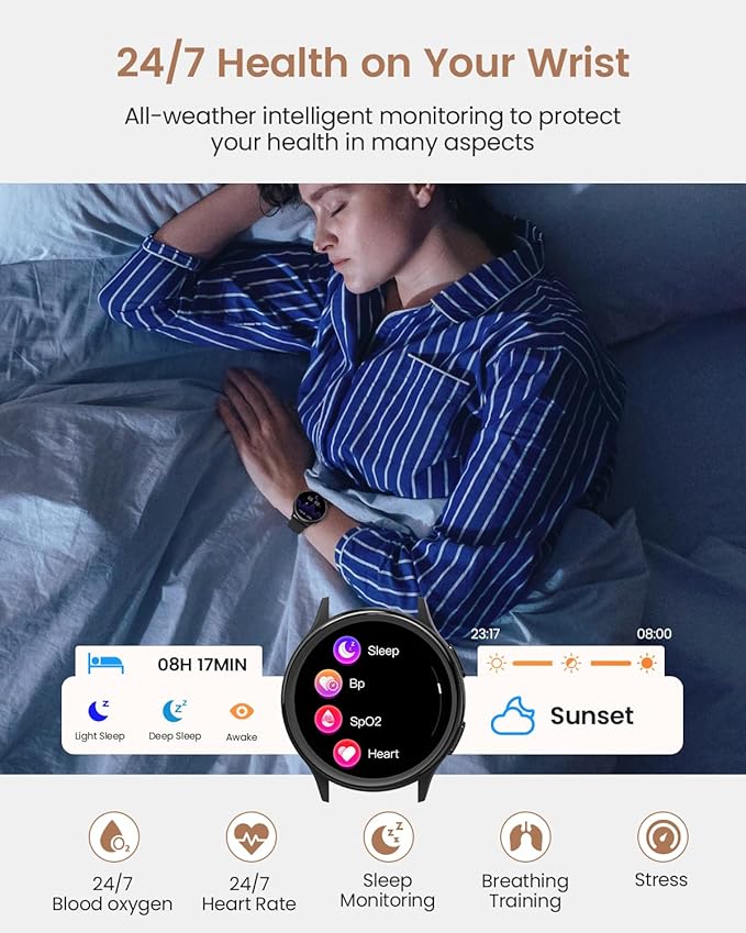 Samrt Watches for Women Men, 42mm Smart Watch with 400+ Watch Face, 70+ Sport Modes, 24/7 Heart Rate, Sleep Monitor, Answer/Make Calls, Waterproof Activity Fitness Tracker for Android & iPhone (Black)