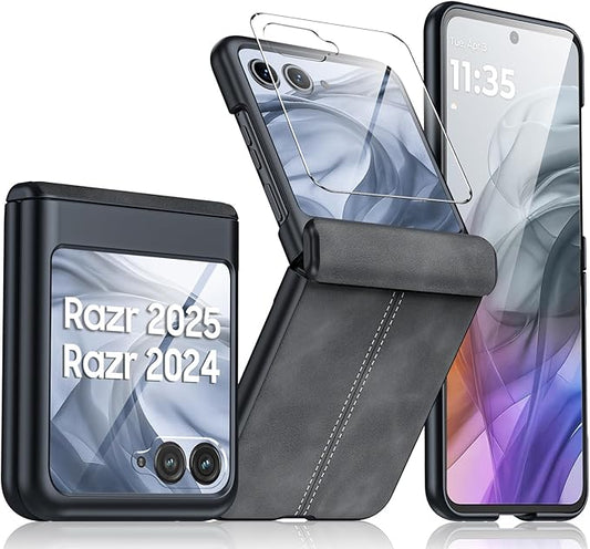 for Motorola Razr 2024 Case/Razr 2025 Case, Built-in Screen Protector & Hinge Protection & Ultra Thin PU Leather Matte PC Shockproof Cover Phone Case for Moto Razr 2024/2025(Black Gray)