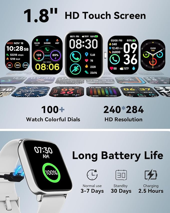 Smart Watches for Women/Men, Smart Watch for Android Phones and iPhone Compatible, Alexa Built-in, 1.8" Fitness Watches for Women, IP68 Waterproof/Bluetooth Call, Heart Rate/Sleep Monitor, White