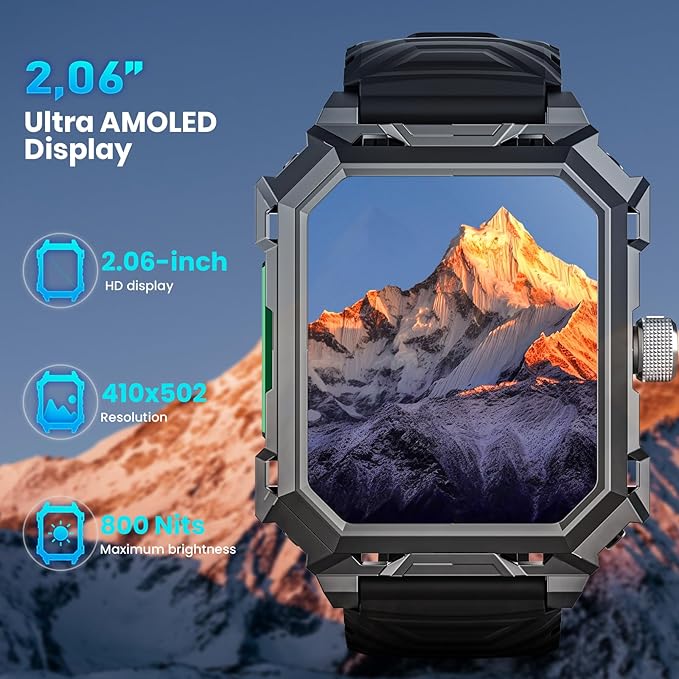 Military Smart Watch for Men(Answer/Make Call),2.06"Large AMOLED 710mAh Battery IP69 Waterproof Smartwatch for Android iPhone Fitness Tracker with Heart Rate/Sleep/Compass/SpO2/120+Sport Modes