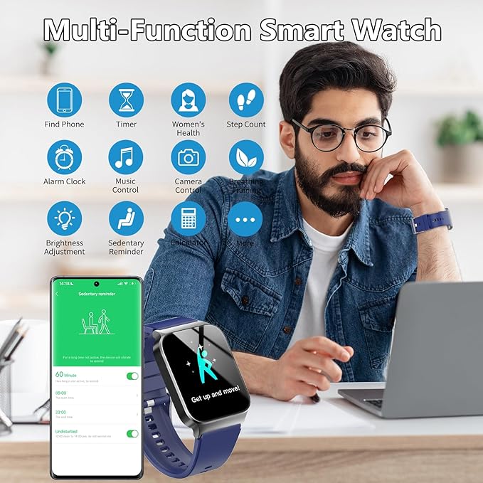 Smart Watch for Men Women Bluetooth Call, 1.85" HD Screen Smartwatch with Heart Rate/Sleep Monitor, 110+ Sport Modes Activity Trackers IP68 Waterproof, Fitness Watch Android iOS, Deep Blue
