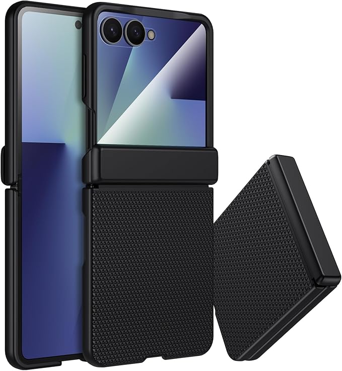 for Samsung Galaxy Z-Flip-7 Case: Non-slip Grip 3D Texture & Magnetic Hinge Protection, 9H Glass Screen Protector, TPU Shockproof Militray-Grade Protective Phone Cover for ZFlip 7 2025, Black