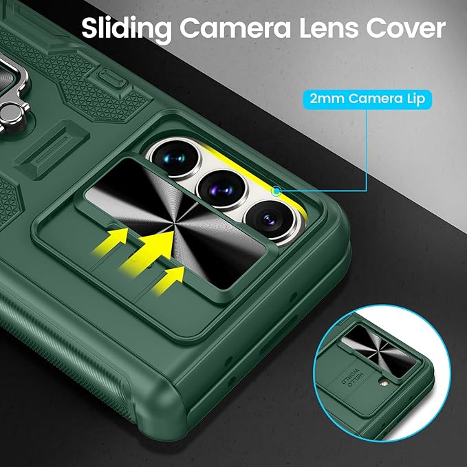 VEGO for Galaxy Z Fold 5 Case with Stand, 360°Ring Magnetic Kickstand & Hinge Protection & Front Screen Protector & Camera Cover & Belt Clip Holster Cover - Dark Green