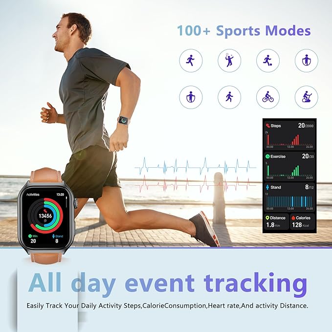 YMS Android Smart Watch for Women - Bluetooth Call,Compatible with Android & iOS，2.0" HD Screen, Heart Rate/Sleep/Step Tracker, 100+ Sports Modes,IP68 Waterproof Men Fitness Tracker (Brown(Leather))