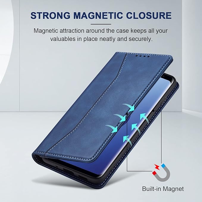 Jasonyu Flip Wallet Case for Samsung Galaxy S9,Leather Magnetic Folio Cover with Card Holder,Kickstand - TPU Shockproof Durable Protective Phone Case,Blue