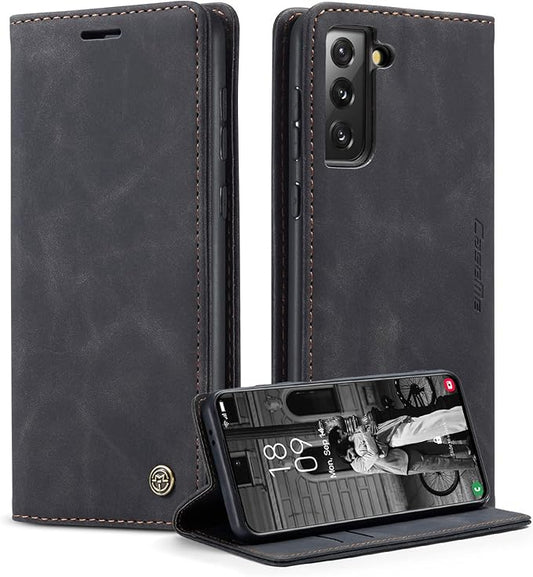 for Samsung Galaxy S21 Case, Flip Wallet Leather Case with Card Holder Magnetic Closure Shockproof Kickstand Protective Phone Cases Cover for Samsung S21,Black