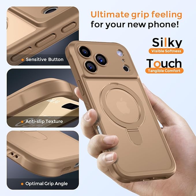 MOCCA Compatible with iPhone 17 Pro Case with Magnetic Invisible Stand [Full Camera Protection] [Compatible with Magsafe] Military Drop Shockproof Translucent Matte Phone Case Cover 6.3",Brown