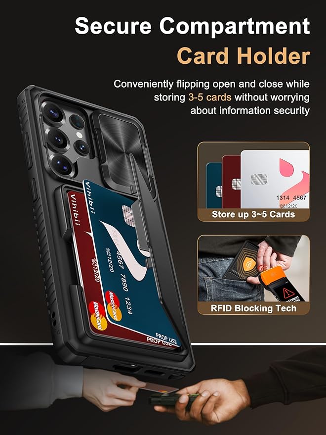 Vihibii for Samsung Galaxy S25 Ultra Case with Card Holder (4 Cards), Built-in 2X Tempered Glass Screen Protector & Slide Camera Cover, Rugged & Shockproof Wallet Case for S25 Ultra 6.9" 2025, Black