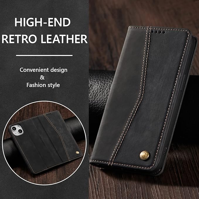 QLTYPRI Case for iPhone 14, Vintage PU Leather Wallet Case Card Slot Kickstand Magnetic Closure Shockproof Flip Folio Book Case Cover for iPhone 14(6.1 inch) - Retro Black
